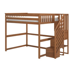 Solid wood twin loft bed with built-in staircase and storage drawers, slatted guardrails and space-saving walnut finish