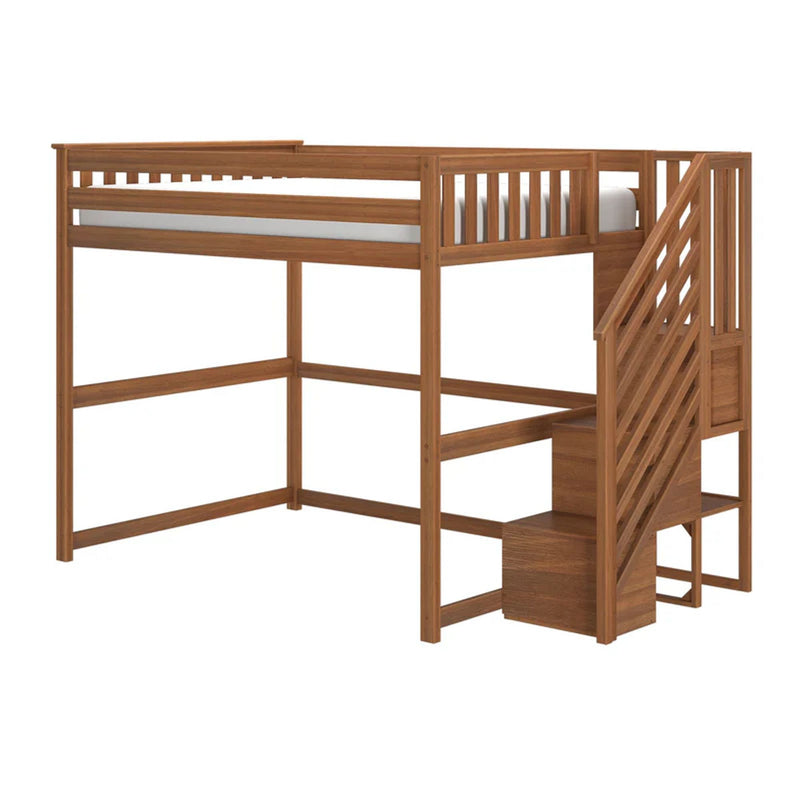 Solid wood twin loft bed with built-in staircase and storage drawers, slatted guardrails and space-saving walnut finish