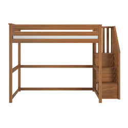Solid wood loft bed with integrated staircase and slatted guardrail in warm oak finish — space-saving wooden loft bunk bed frame ideal for kids' bedrooms and studio apartments