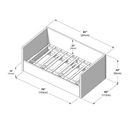 Isometric assembly diagram of a king-size wooden slatted bed frame with headboard and footboard showing overall dimensions 76" x 81" (193 x 205 cm), 33" height (83 cm) and 14" clearance (37 cm)