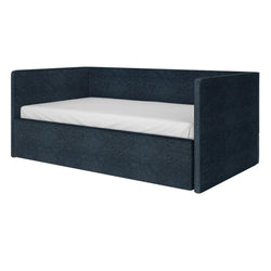 Charcoal gray upholstered daybed with pull-out trundle and white twin mattress, modern fabric sofa-bed with high back and armrests
