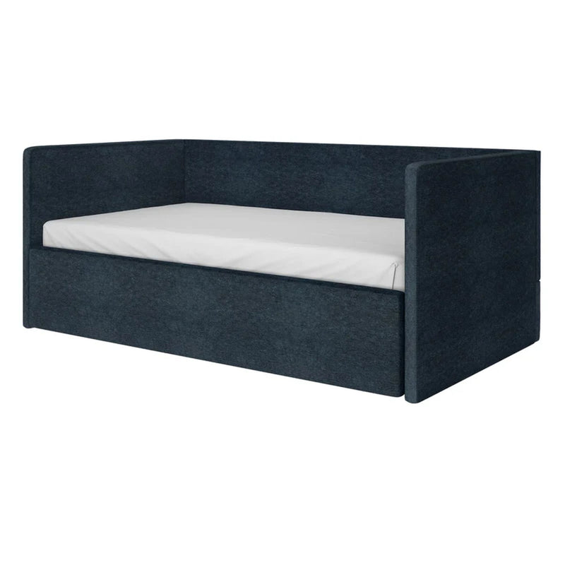 Charcoal gray upholstered daybed with pull-out trundle and white twin mattress, modern fabric sofa-bed with high back and armrests