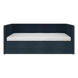 Dark blue upholstered daybed with high wraparound headboard and white twin mattress, modern fabric sofa bed for small bedrooms