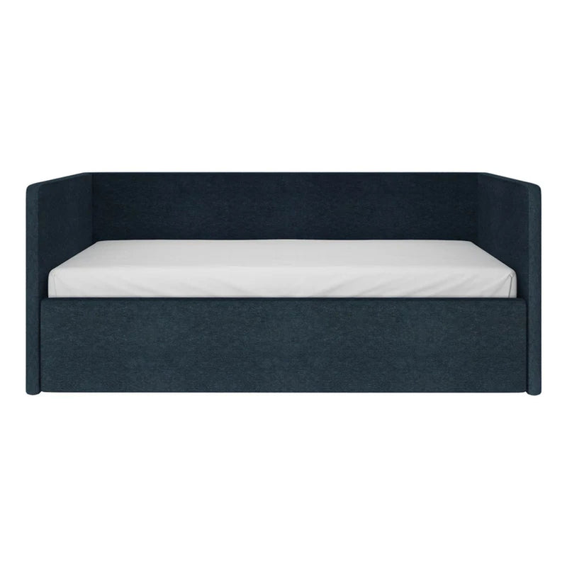 Dark blue upholstered daybed with high wraparound headboard and white twin mattress, modern fabric sofa bed for small bedrooms