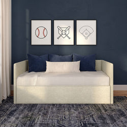 Minimalist baseball wall art - three framed prints (baseball, crossed bats, infield) above bed on navy accent wall