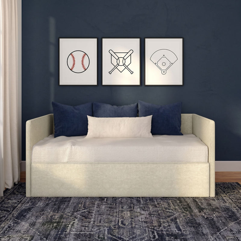 Minimalist baseball wall art - three framed prints (baseball, crossed bats, infield) above bed on navy accent wall