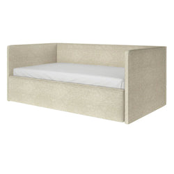 Beige upholstered daybed with high back and side panels, white twin mattress and trundle-style base in modern linen fabric