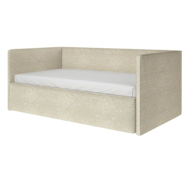 Beige upholstered daybed with high back and side panels, white twin mattress and trundle-style base in modern linen fabric