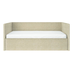 Beige upholstered daybed with high padded back and sides and white mattress, modern minimalist twin daybed for bedroom seating