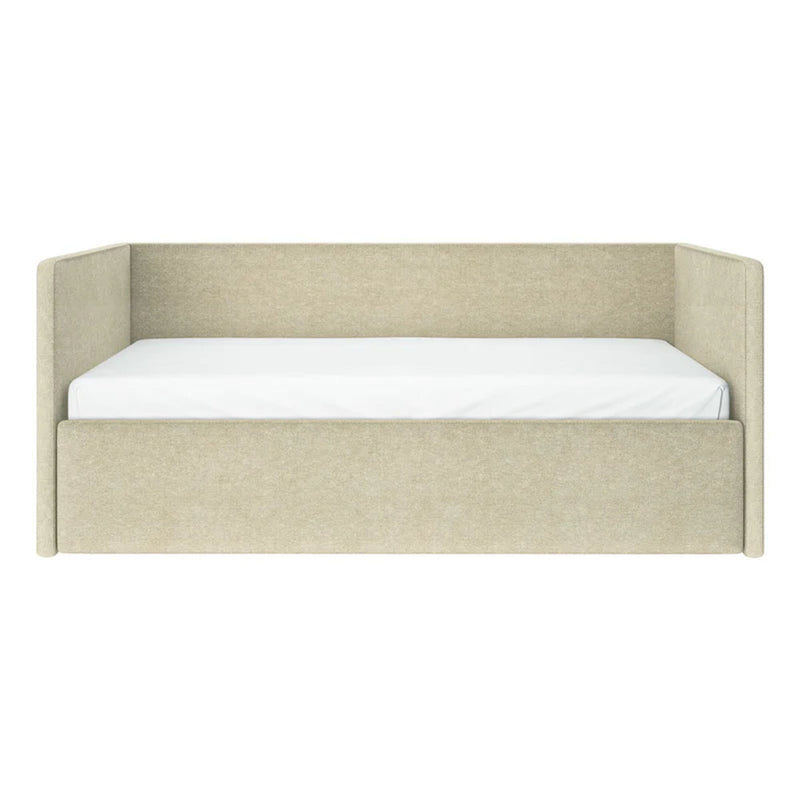 Beige upholstered daybed with high padded back and sides and white mattress, modern minimalist twin daybed for bedroom seating