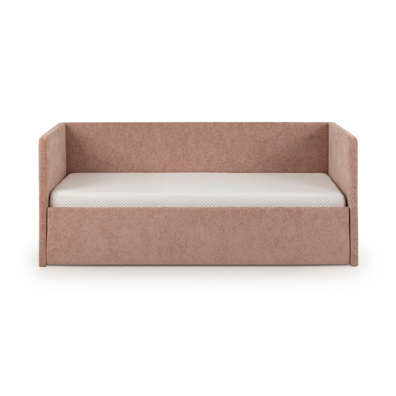Pink upholstered daybed with high back and side rails, white quilted mattress, modern fabric twin sofa bed on white background