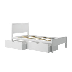 White wooden single bed frame with headboard, slatted mattress support and two under-bed storage drawers
