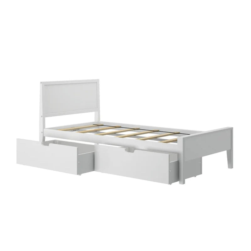 White wooden single bed frame with headboard, slatted mattress support and two under-bed storage drawers