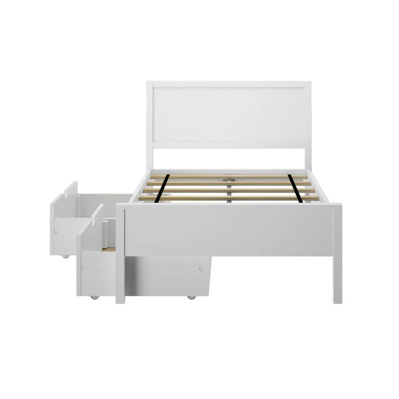 White paneled bed frame with headboard, wooden slatted platform base and under-bed pull-out storage drawers on casters, modern white platform bed