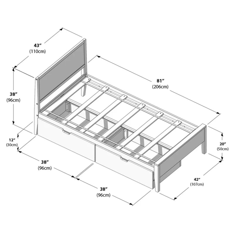 Technical line drawing of a twin platform storage bed with headboard, slatted support rails and built-in underbed drawers, annotated with dimensions in inches and centimeters