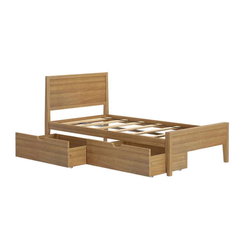 Light oak wooden storage bed frame with slatted platform base and two underbed drawers — modern space-saving bedroom furniture
