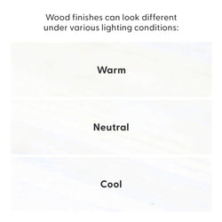 Graphic showing wood finish and stain color variation under different lighting conditions: warm, neutral, and cool light