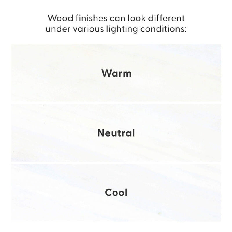 Graphic showing wood finish and stain color variation under different lighting conditions: warm, neutral, and cool light