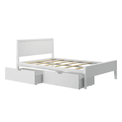 Modern white wooden platform bed frame with rectangular headboard, slatted mattress base and two built-in under-bed storage drawers