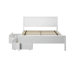 Modern white wooden platform bed frame with paneled headboard, slatted mattress base and under-bed rolling storage drawers