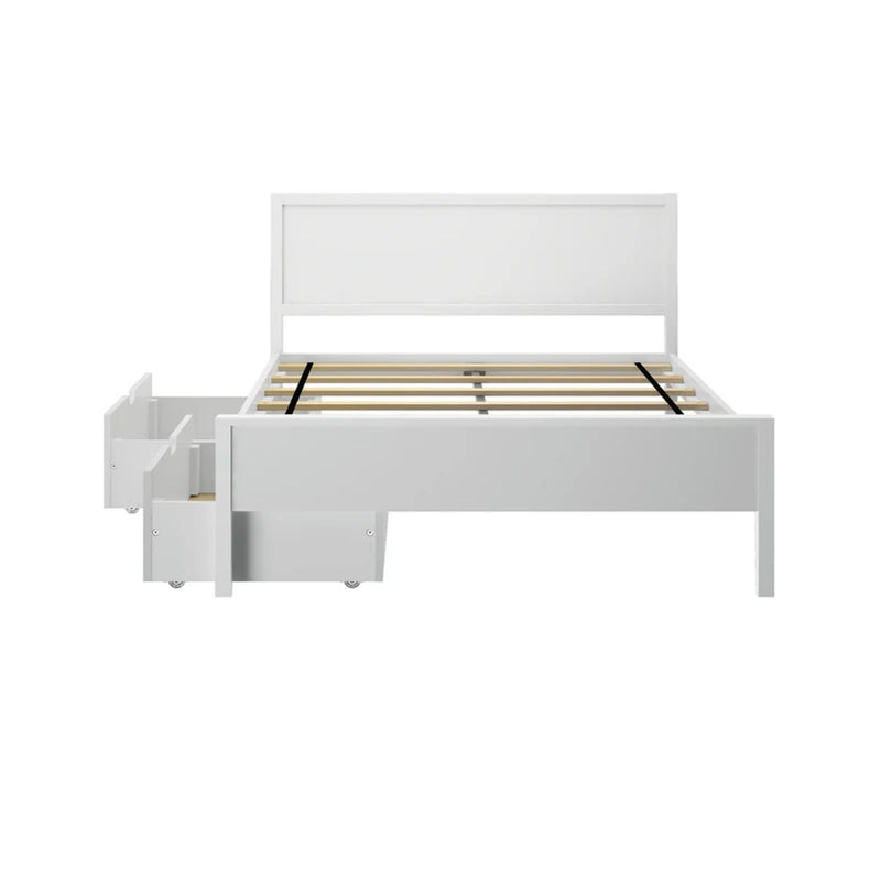 Modern white wooden platform bed frame with paneled headboard, slatted mattress base and under-bed rolling storage drawers