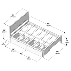 Platform bed frame assembly diagram with dimensions showing headboard, wooden slat support and under-bed storage drawers, labeled measurements in inches and centimeters (81" / 206cm length, 58" / 147cm headboard, 38" / 96cm width)