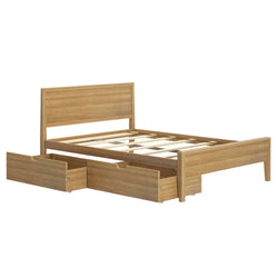 Light oak wooden platform bed frame with slatted base, headboard and two under-bed storage drawers