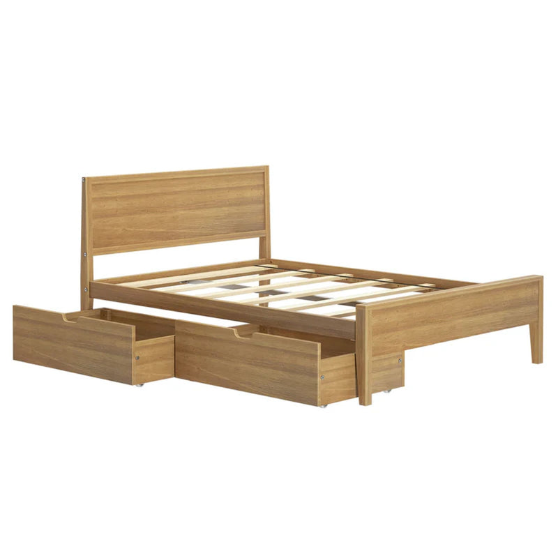 Light oak wooden platform bed frame with slatted base, headboard and two under-bed storage drawers