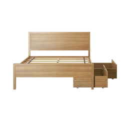 Light oak finish wooden platform bed frame with rectangular headboard and built-in under-bed storage drawers on casters