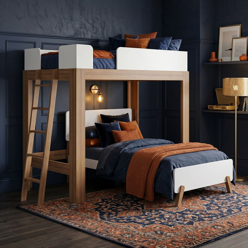 Modern wooden loft bunk bed in navy blue bedroom with orange knit throw, navy bedding, wooden ladder and patterned rug