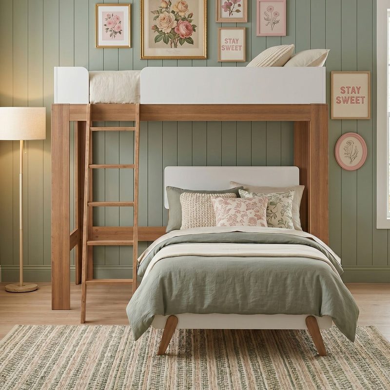 Modern kids' bedroom with wooden loft bunk bed and ladder, sage green shiplap walls, pastel floral gallery frames, neutral bedding and textured rug