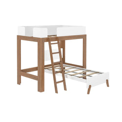 Scandinavian-style loft bed with white guardrails, walnut-finish wood frame, ladder and pull-out trundle bed