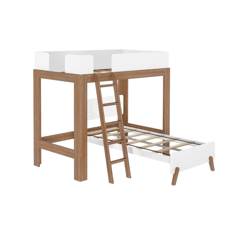 Scandinavian-style loft bed with white guardrails, walnut-finish wood frame, ladder and pull-out trundle bed