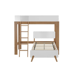 Natural wood twin loft bed frame with ladder and white guardrails, slatted platform and mid-century angled legs — modern kids' bunk bed
