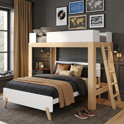 Modern loft bunk bed bedroom with light wood frame, white safety rails, gray and tan bedding, gallery wall art, ladder and brass wall sconces.