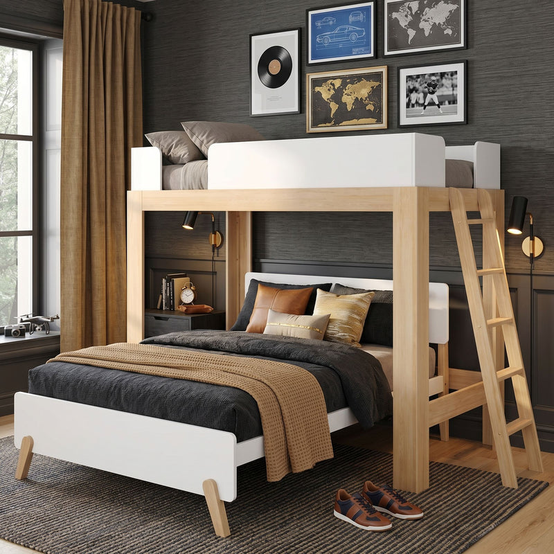 Modern loft bunk bed bedroom with light wood frame, white safety rails, gray and tan bedding, gallery wall art, ladder and brass wall sconces.