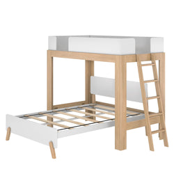 Modern kids twin loft bed in natural wood with white guardrails, ladder and under-bed trundle — space-saving wooden bunk-style bed