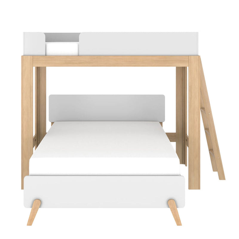Twin bunk bed with natural wood frame, white guardrails and ladder — modern minimalist kids' loft bed