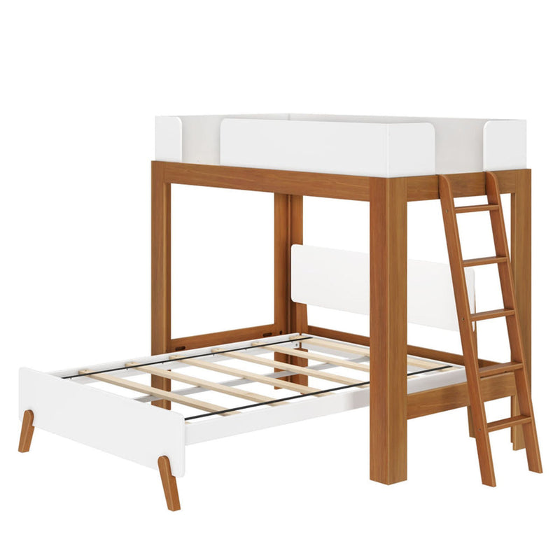 Modern twin-over-full wooden loft bunk bed with white panel guard rails, attached ladder and slatted mattress support — space-saving children's bedroom furniture