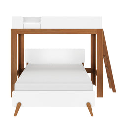 Modern solid-wood twin bunk bed with white mattresses, integrated ladder and safety guardrails for kids' bedroom furniture