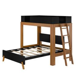 Mid-century modern wood-finish loft bed with black guardrails, ladder and slatted platform — space-saving kids' bunk bed