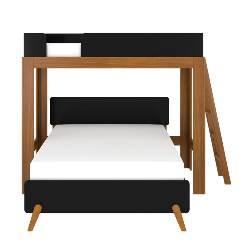 Modern natural wood twin-over-twin bunk bed with angled ladder, black padded panels and guardrails, white mattresses