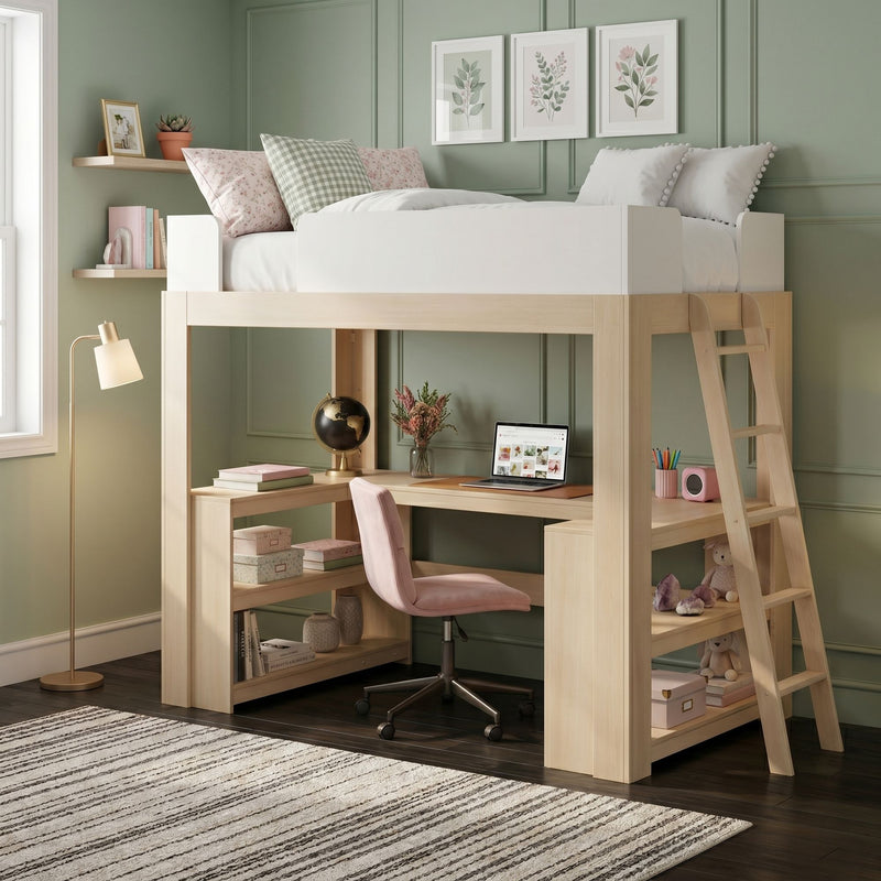 Light wood loft bed with integrated desk and ladder, cozy study nook with pink swivel chair, laptop, globe and floral pillows against a sage green paneled wall