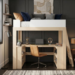 Modern wooden loft bed with built-in desk workspace, leather swivel chair, laptop and headphones, decorative pillows and black paneled wall