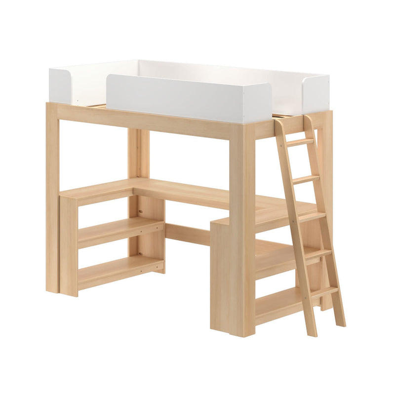 Natural wood loft bed with white guardrails, integrated ladder and open shelving in light pine finish — space-saving children's platform bed