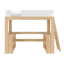 Minimalist light wood loft bed frame with built-in ladder, integrated shelving and white safety rail, Scandinavian-style kids' platform bunk bed