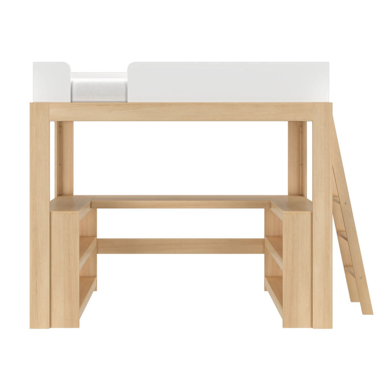 Minimalist light wood loft bed frame with built-in ladder, integrated shelving and white safety rail, Scandinavian-style kids' platform bunk bed