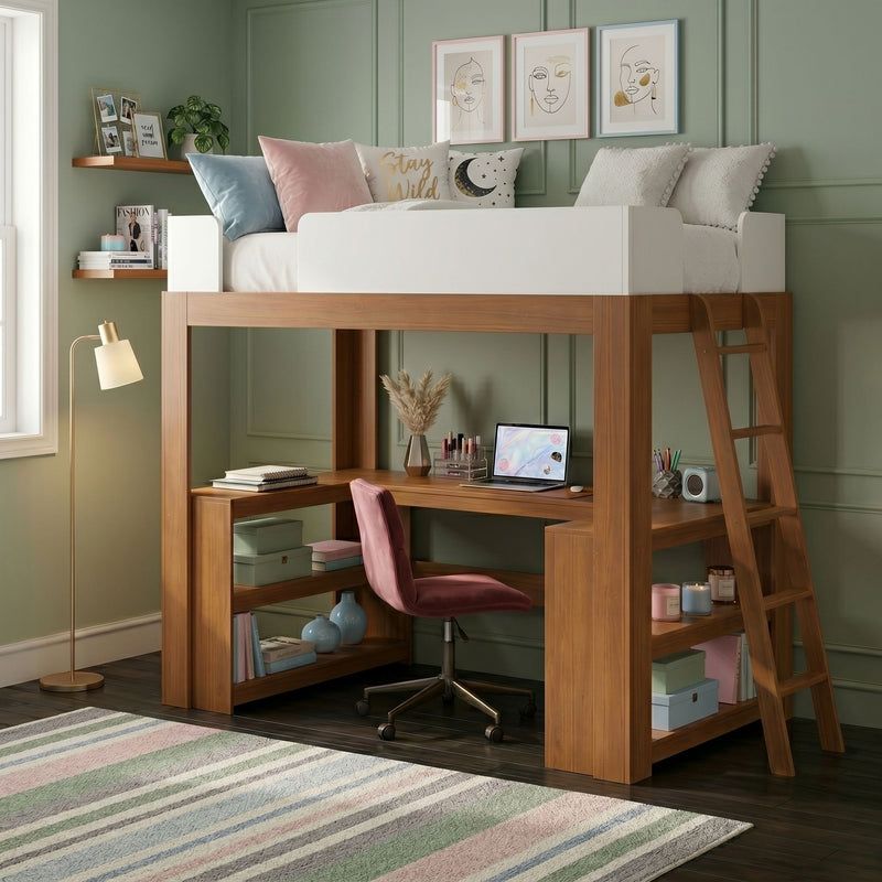 Modern wooden loft bed with built-in desk and ladder in a pastel bedroom, green paneled wall, pink velvet chair, decorative pillows, framed line-art prints and laptop study nook
