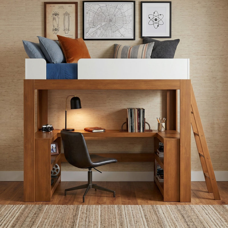 Modern wooden loft bed with built-in desk and ladder, styled study nook with navy and rust pillows, black desk lamp, swivel chair and framed wall art in a neutral bedroom