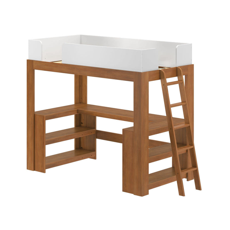 Solid wood loft bed with white safety rails, built-in ladder and integrated open storage shelves underneath — modern space-saving kids' bedroom loft bed.